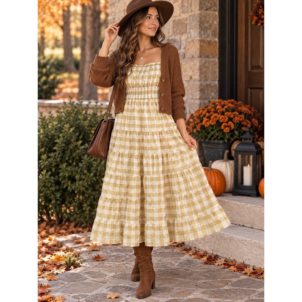 STORIA Women’s Small Plaid Tiered Maxi Dress Smocked Waist Cottagecore NWOT